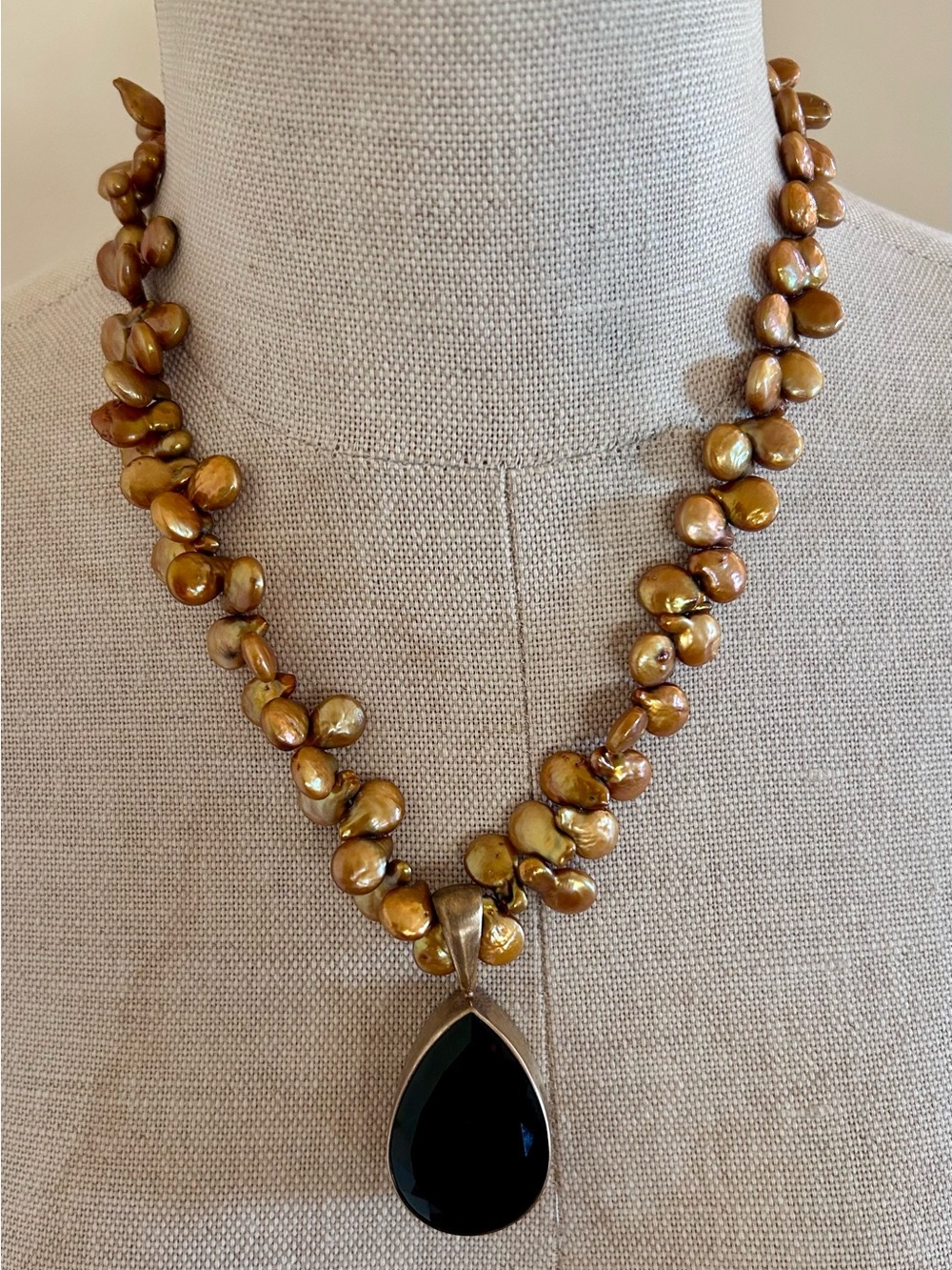 Dina Mackney Vermeil Sterling Large Tear Drop Smokey Topaz Quartz Necklace Pearl